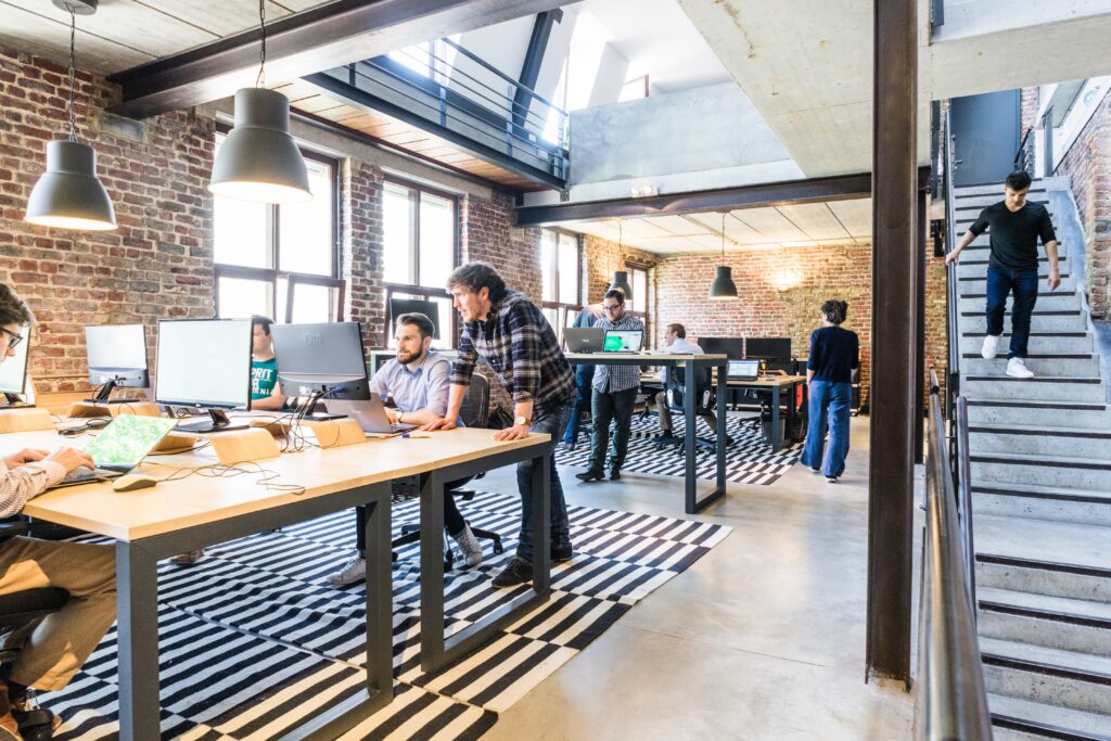 Modern office with LED lights and computers
